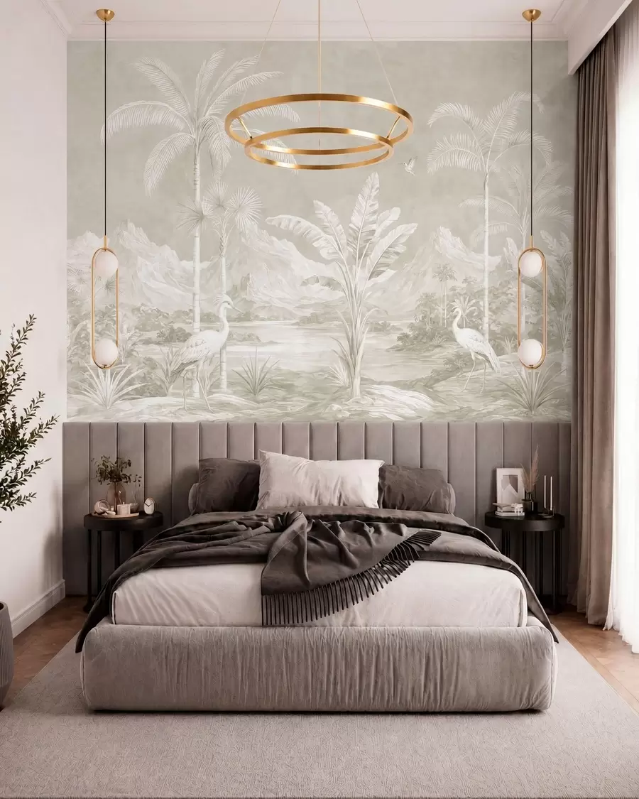murales de pared Paisaje tropical luminoso con palmeras, pájaros y montañas w05819v1