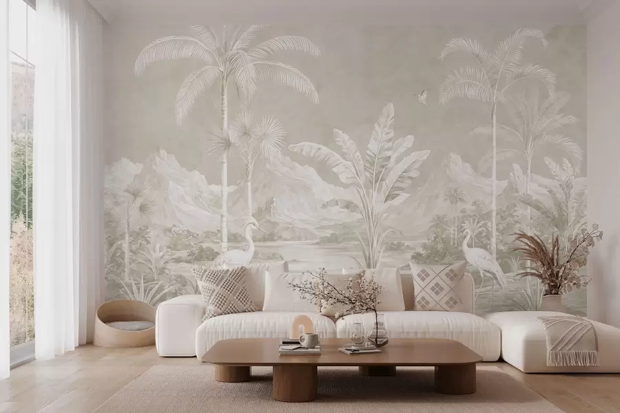murales de pared Paisaje tropical luminoso con palmeras, pájaros y montañas w05819v1