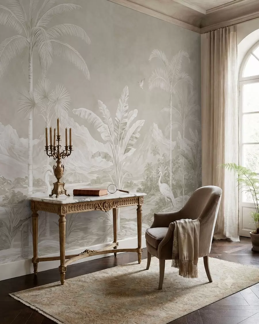 murales de pared Paisaje tropical luminoso con palmeras, pájaros y montañas w05819v1
