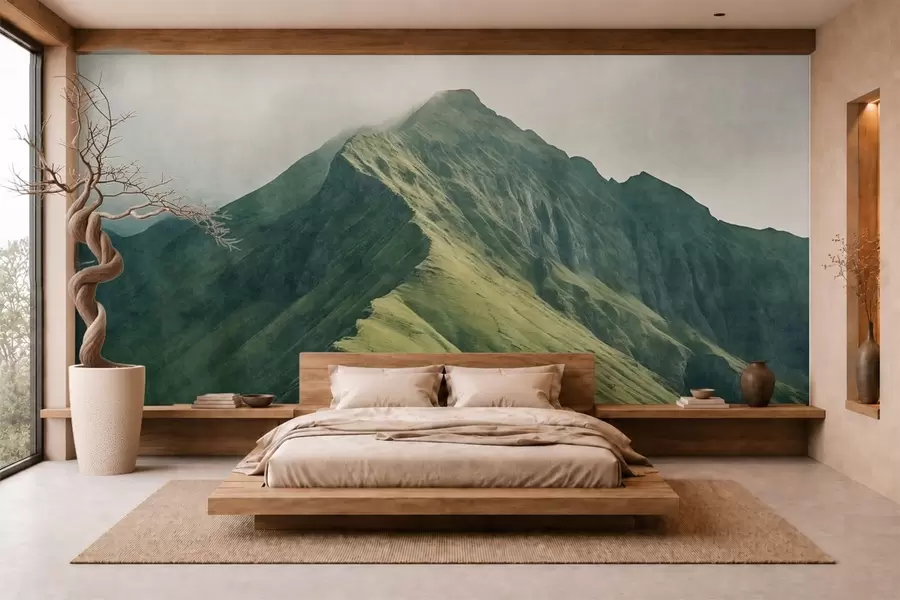 murales de pared Malaquita de montaña con laderas verdes y una cima envuelta en una suave bruma w05820