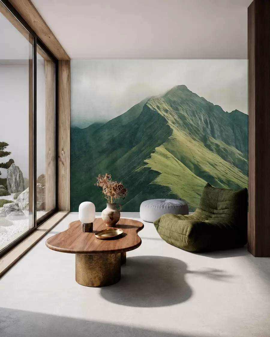 murales de pared Malaquita de montaña con laderas verdes y una cima envuelta en una suave bruma w05820