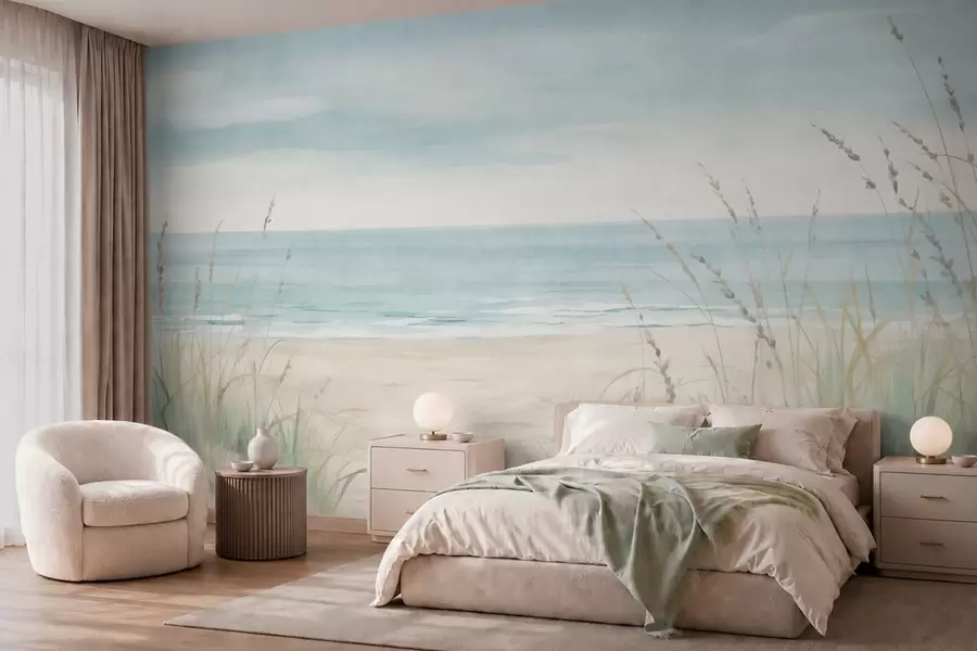 murales de pared Arena con conchas, una suave orilla y hierba en suaves tonos pastel w05821