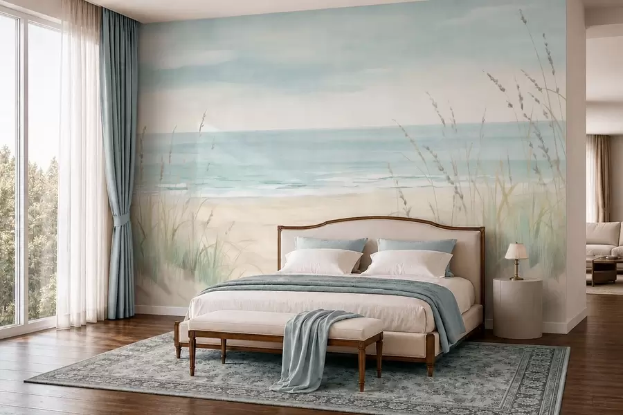 murales de pared Arena con conchas, una suave orilla y hierba en suaves tonos pastel w05821