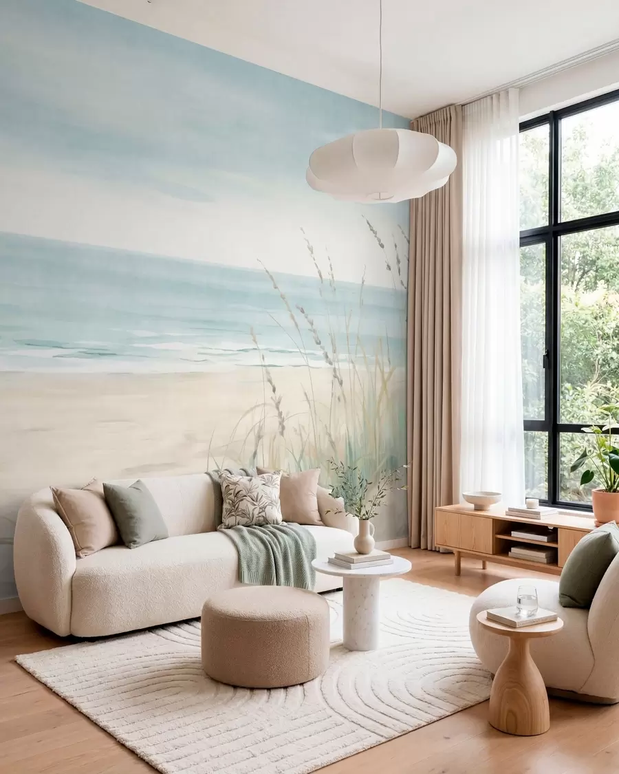 murales de pared Arena con conchas, una suave orilla y hierba en suaves tonos pastel w05821