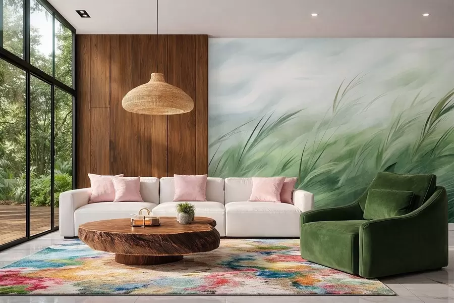 murales de pared Verde salvia con delicadas hierbas que se mecen suavemente con la brisa tranquila w05853