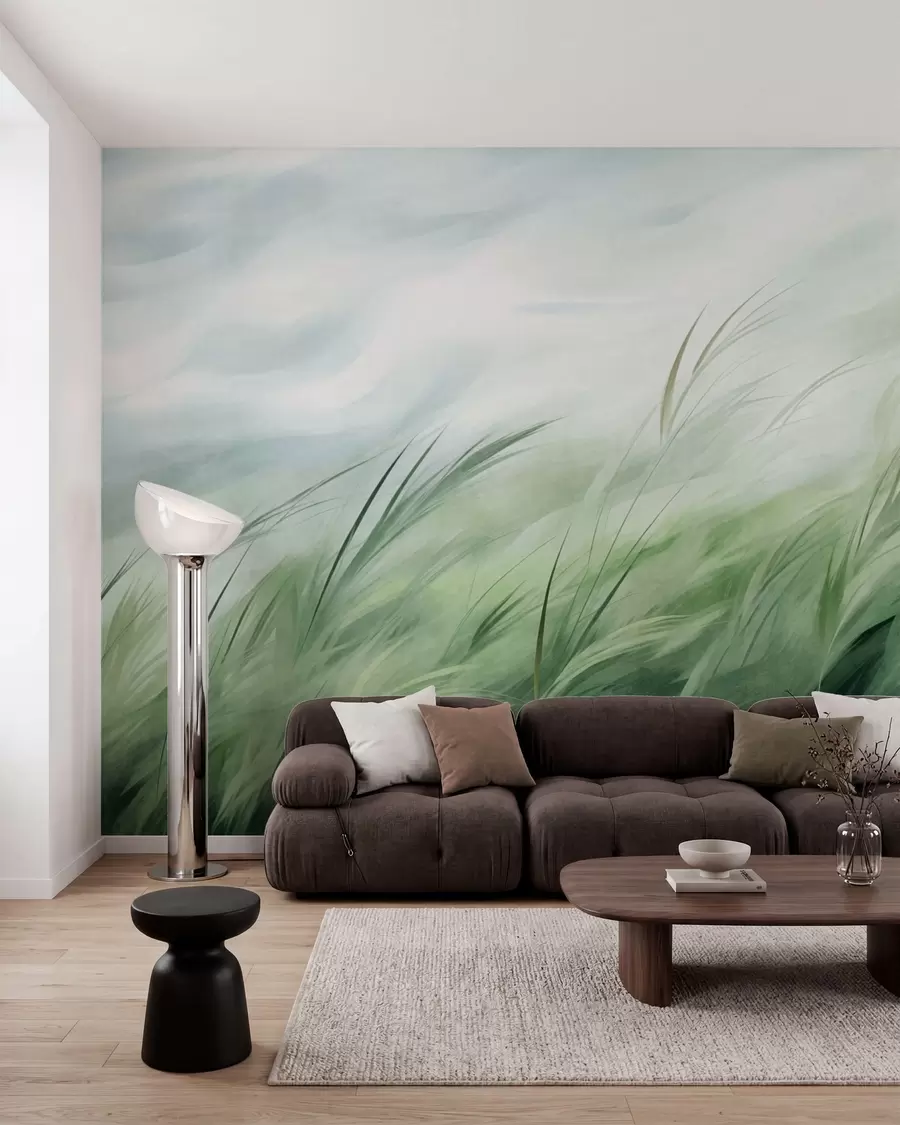 murales de pared Verde salvia con delicadas hierbas que se mecen suavemente con la brisa tranquila w05853