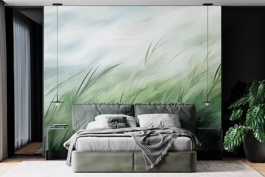 murales de pared Verde salvia con delicadas hierbas que se mecen suavemente con la brisa tranquila w05853