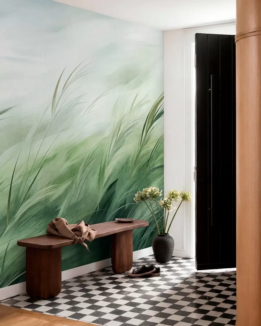 murales de pared Verde salvia con delicadas hierbas que se mecen suavemente con la brisa tranquila w05853