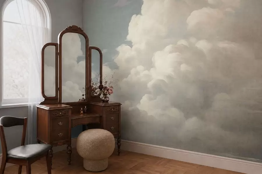 murales de pared Niebla perlada con suaves nubes cremosas que se deslizan por un cielo tranquilo w05855