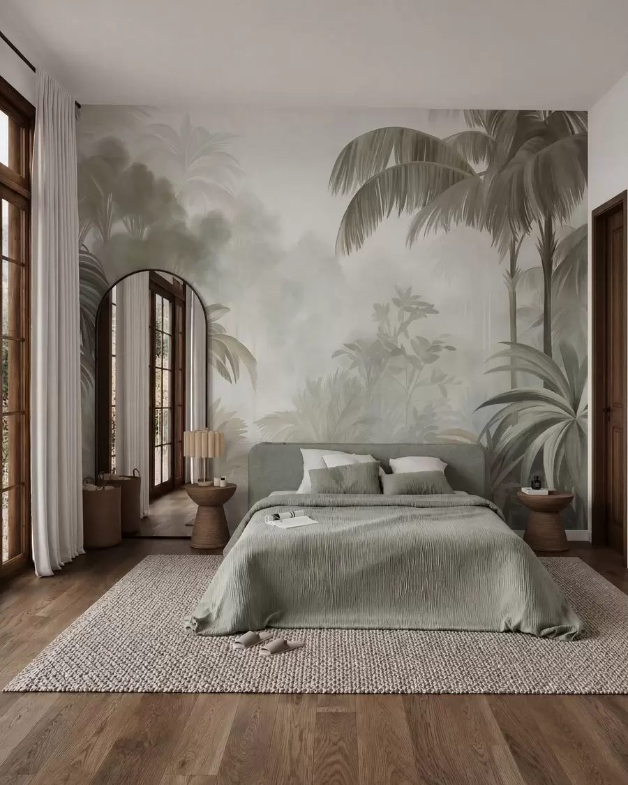 murales de pared Paisaje selvático con textura, con palmeras y una exuberante vegetación, en un estilo suave y pictórico w10016