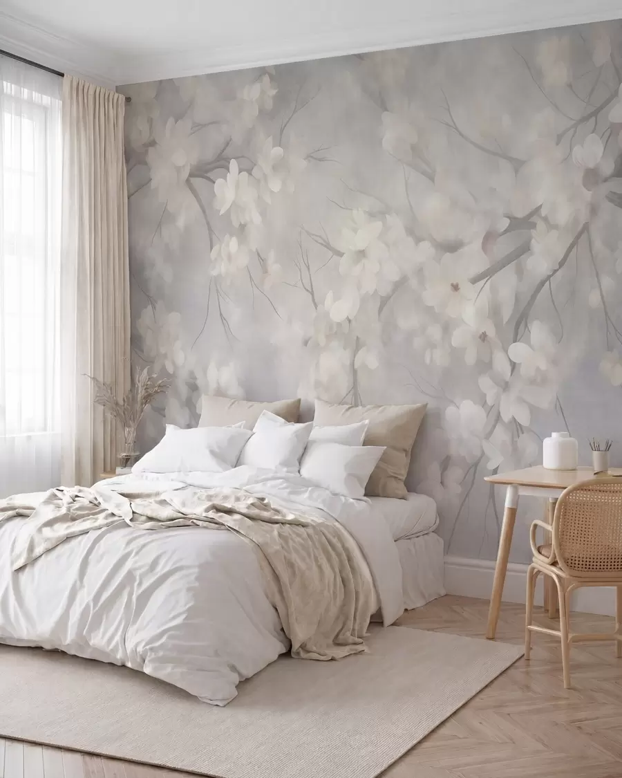 murales de pared Flores de cerezo blancas en ramas delgadas, difuminadas, sobre un fondo gris claro, obra de arte con textura w10012