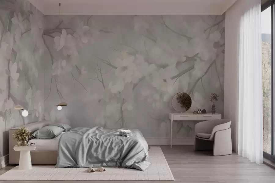 murales de pared Flores de cerezo blancas en ramas delgadas, difuminadas, sobre un fondo gris claro, obra de arte con textura w10012
