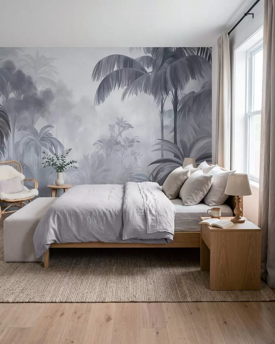 murales de pared Paisaje selvático con textura, con palmeras y una exuberante vegetación, en un estilo suave y pictórico w10016v1