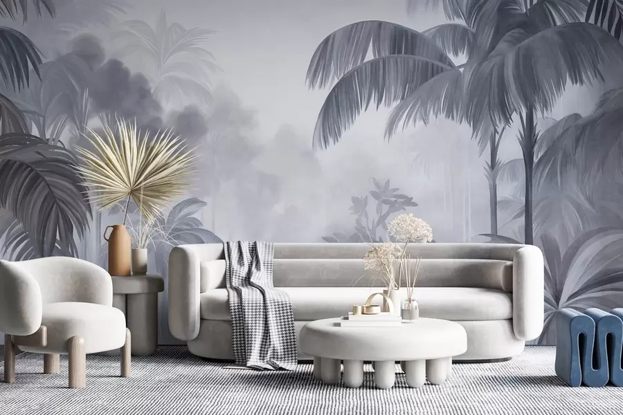 murales de pared Paisaje selvático con textura, con palmeras y una exuberante vegetación, en un estilo suave y pictórico w10016v1