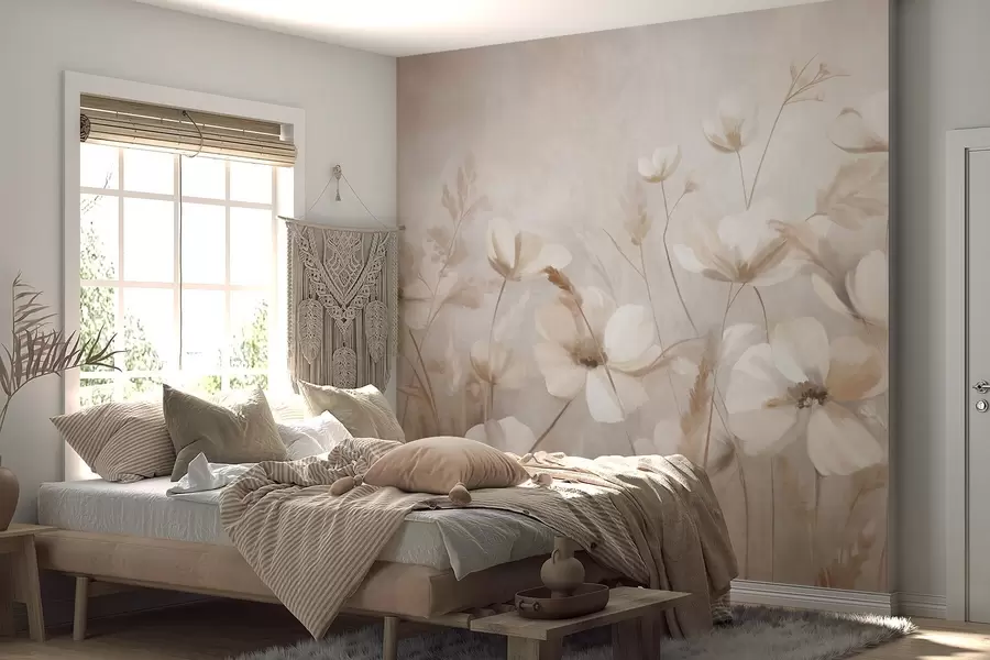 murales de pared Un campo de flores de colores claros y hierbas altas en tonos apagados, obra de arte con textura w10019