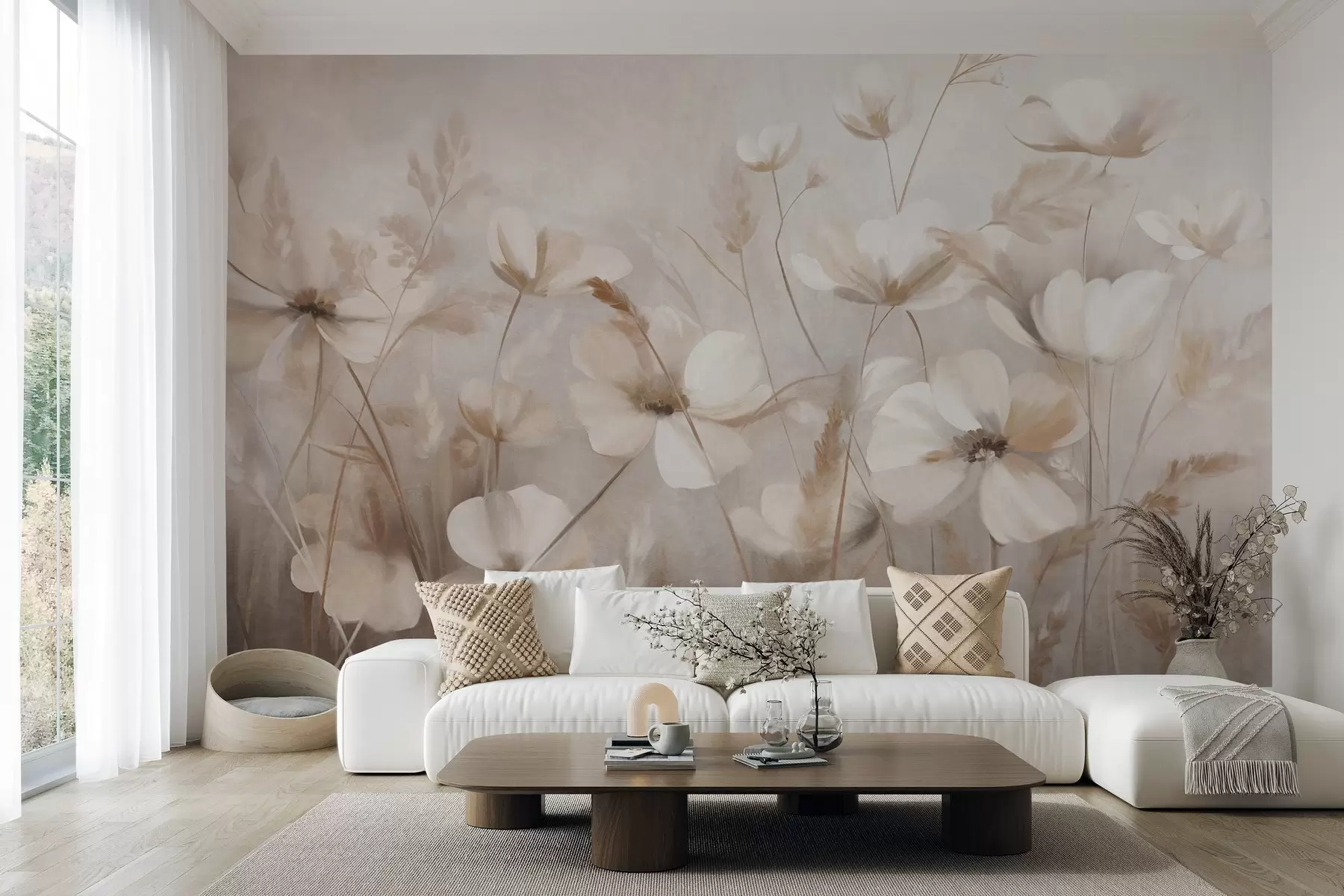 murales de pared Un campo de flores de colores claros y hierbas altas en tonos apagados, obra de arte con textura w10019