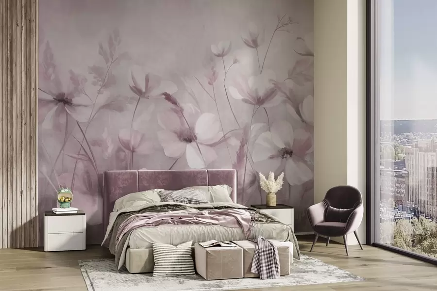 murales de pared Un campo de flores de colores claros y hierbas altas en tonos apagados, obra de arte con textura w10019v1