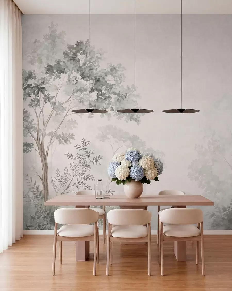 murales de pared Árboles del bosque y vegetación sobre un fondo con una ligera bruma w05856v1