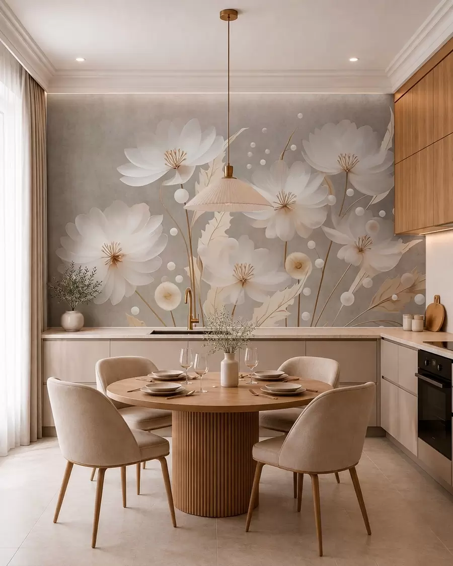 murales de pared Grandes flores blancas con hojas decorativas sobre un fondo gris w05857
