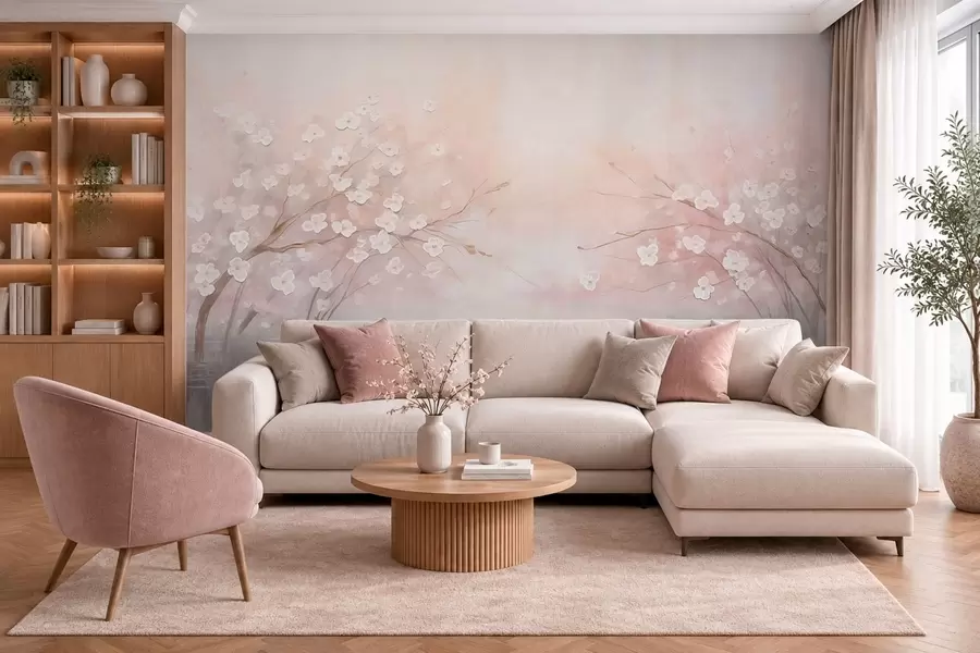murales de pared Ramas en flor sobre aguas tranquilas en suaves tonos rosados w05858