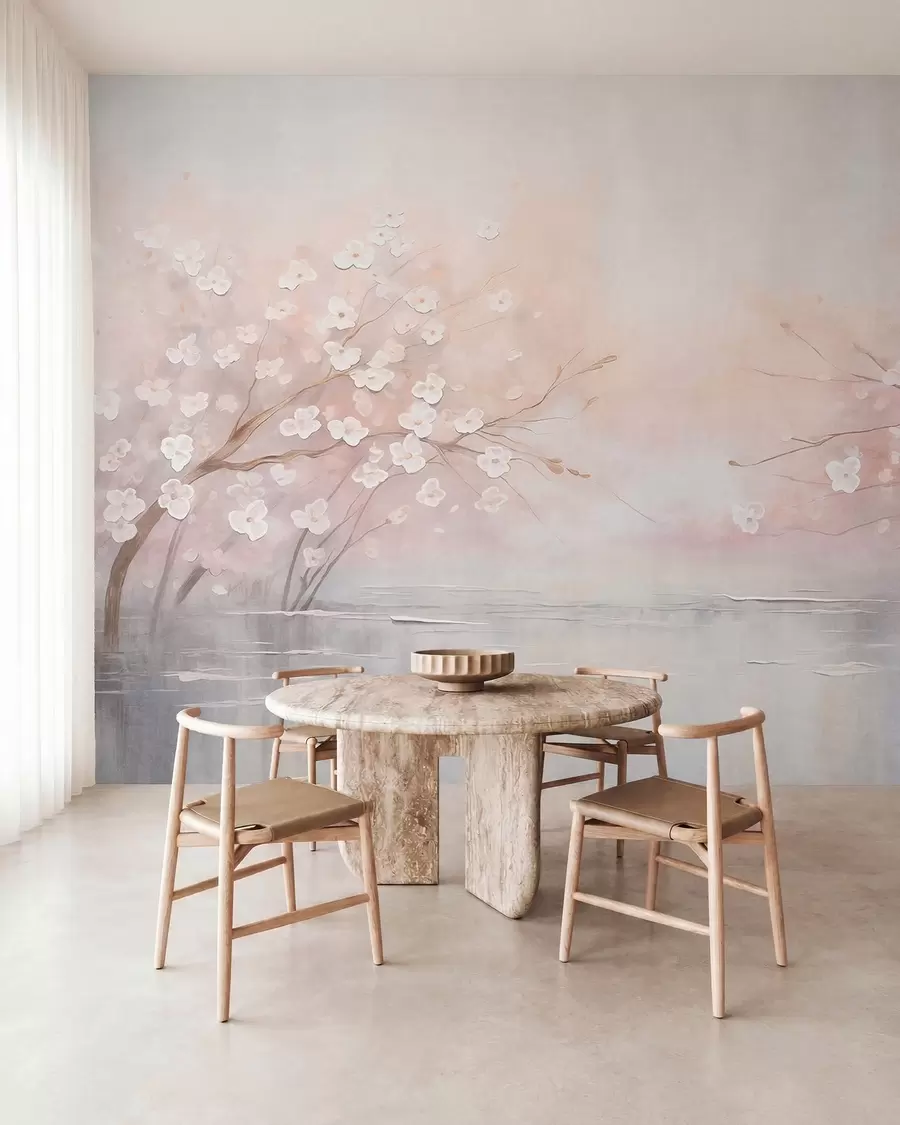 murales de pared Ramas en flor sobre aguas tranquilas en suaves tonos rosados w05858