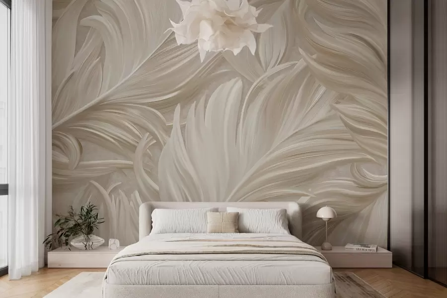 murales de pared Una pluma grande, pintada y curvada en cálidos tonos beige w05757