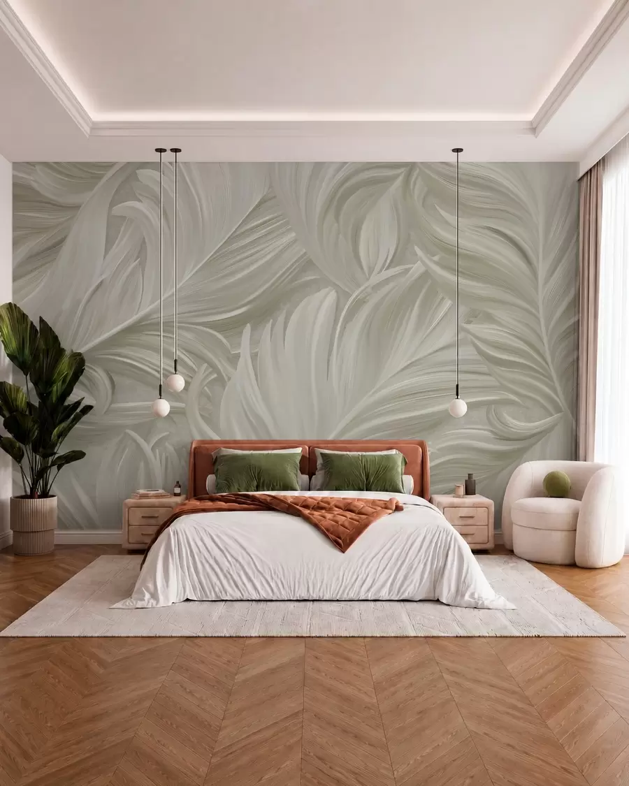 murales de pared Una pluma grande, pintada y curvada en tonos beige fríos w05757v2