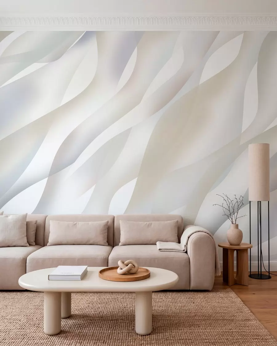 murales de pared Olas abstractas en tonos grises y beige sobre un fondo blanco w05758