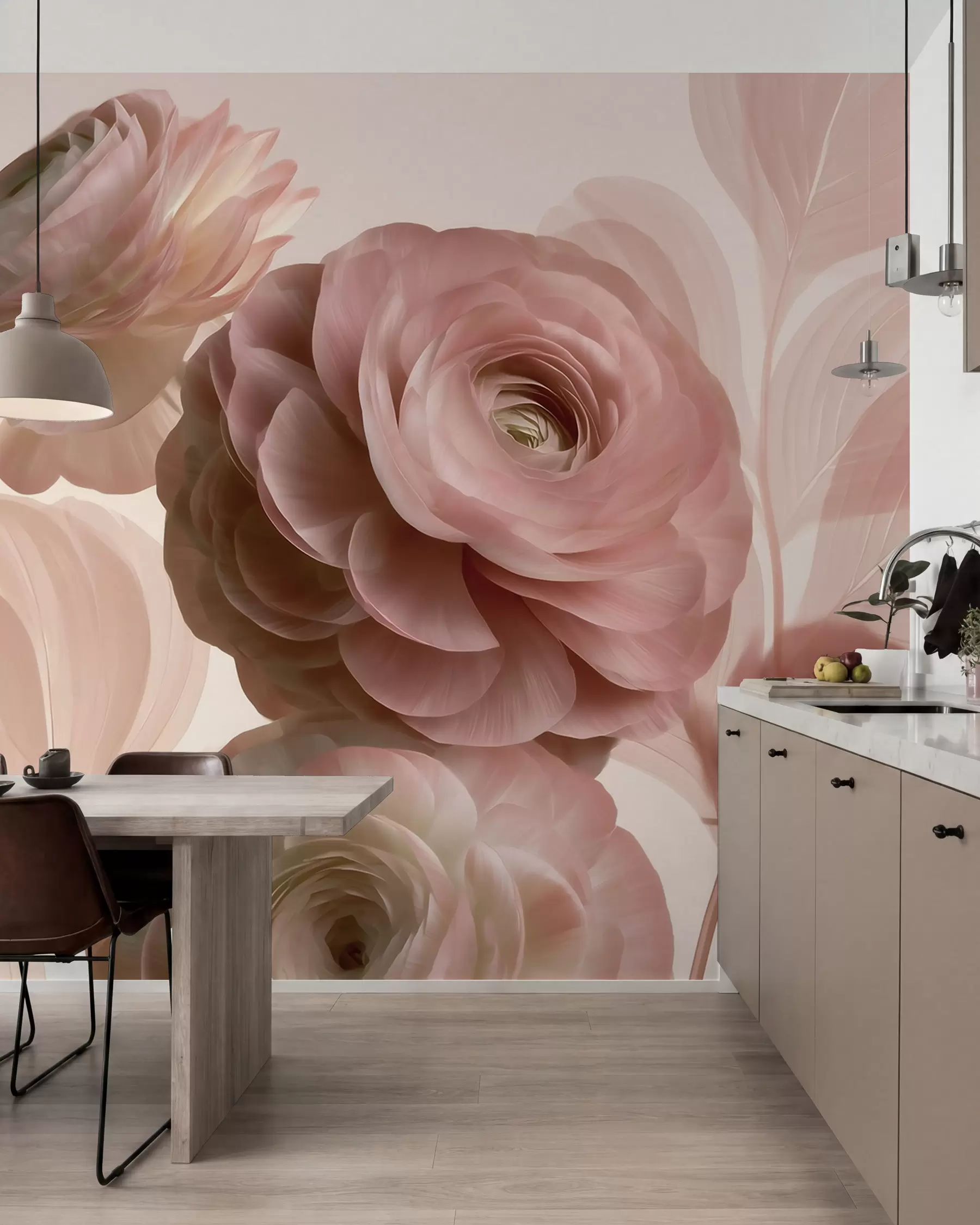 murales de pared Flores de ranúnculo de color rosa empolvado, de gran tamaño, con pétalos translúcidos en suaves tonos rosa y beige w09998