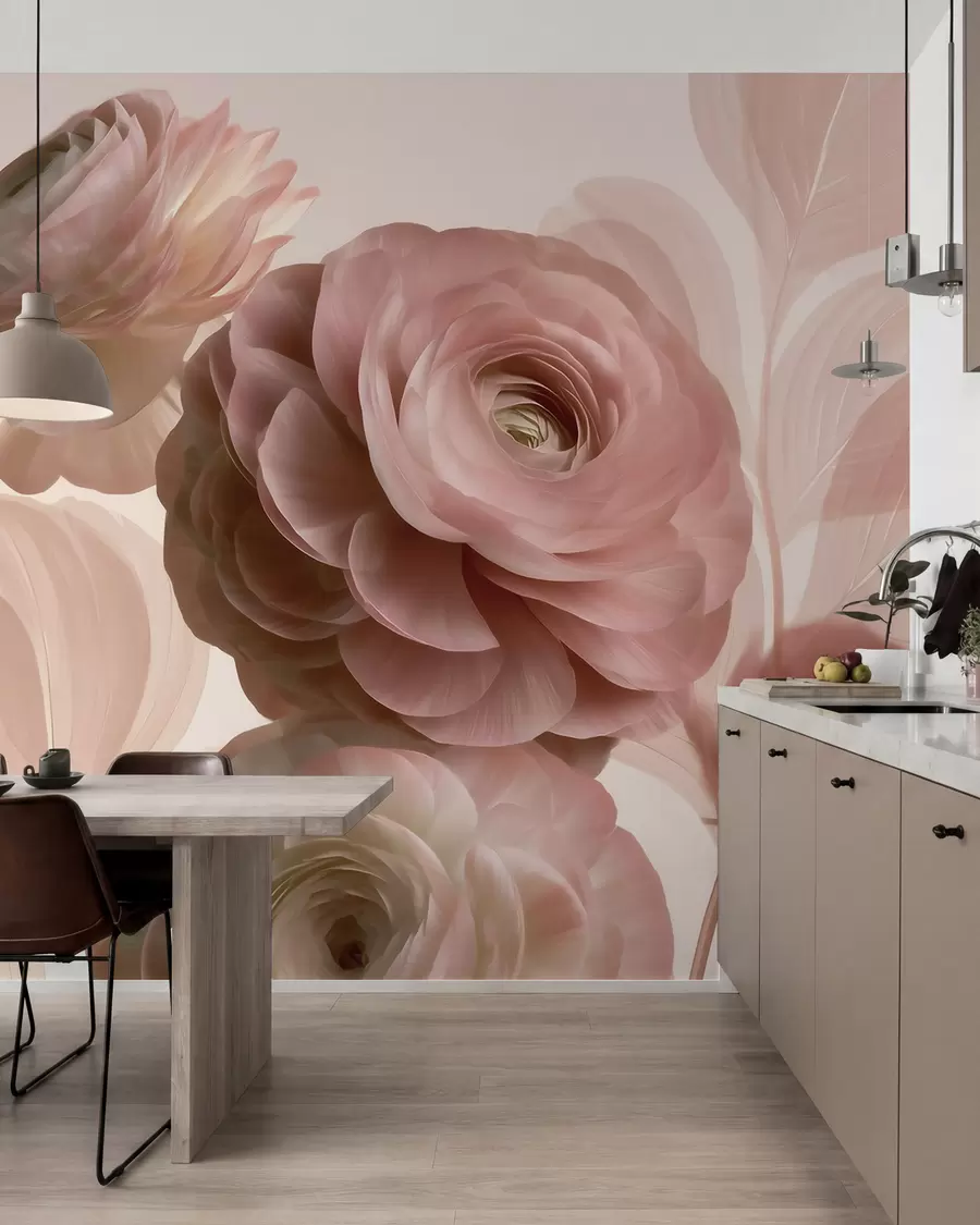 murales de pared Flores de ranúnculo de color rosa empolvado, de gran tamaño, con pétalos translúcidos en suaves tonos rosa y beige w09998