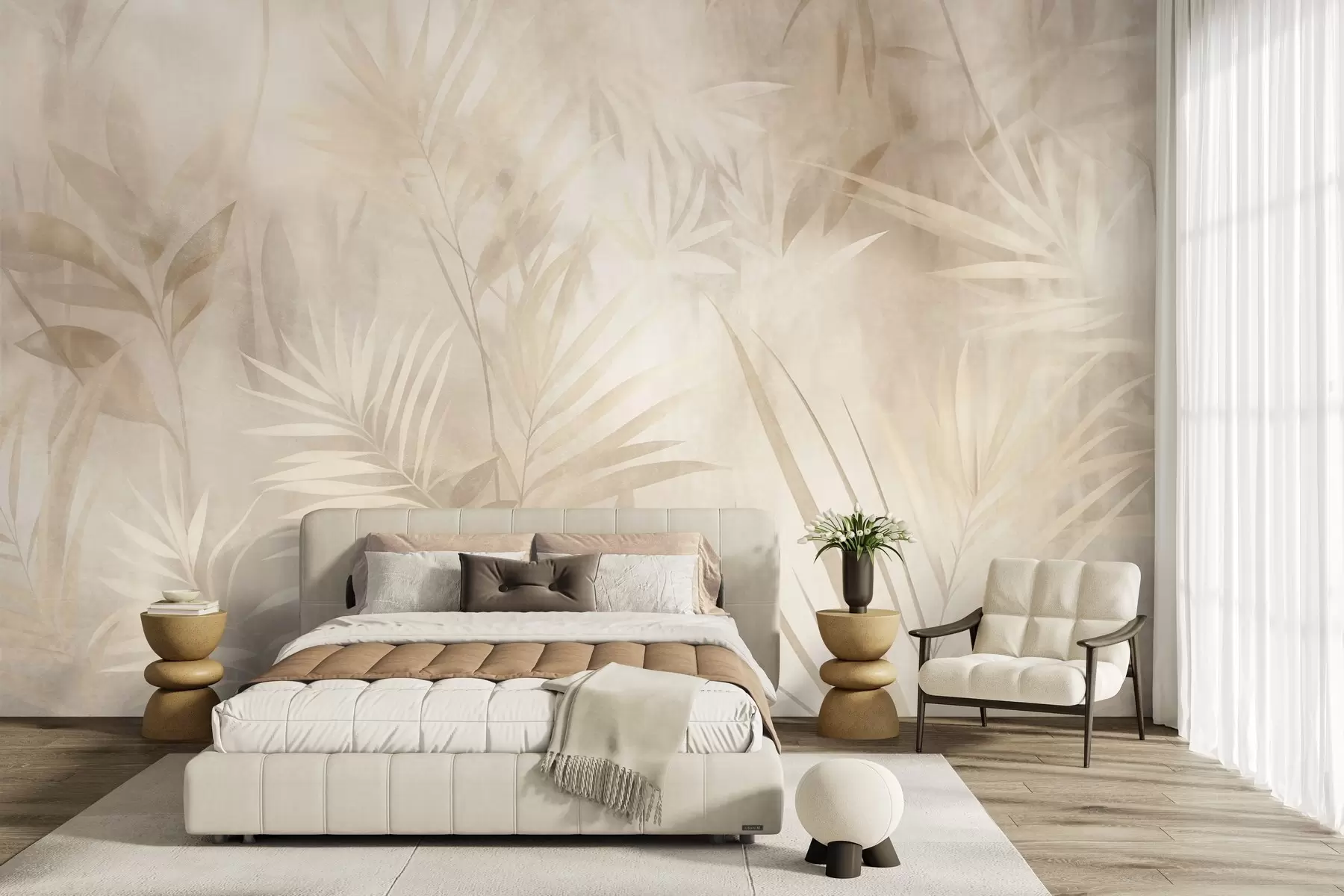murales de pared Hojas de palmera en tonos beige y crema apagados, con un fondo suave, selva tropical w10023