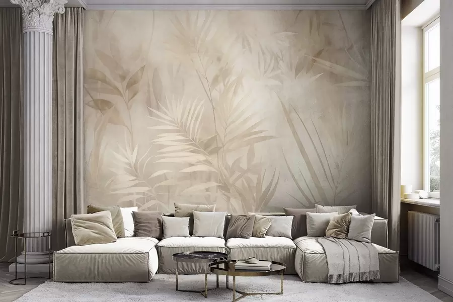 murales de pared Hojas de palmera en tonos beige y crema apagados, con un fondo suave, selva tropical w10023
