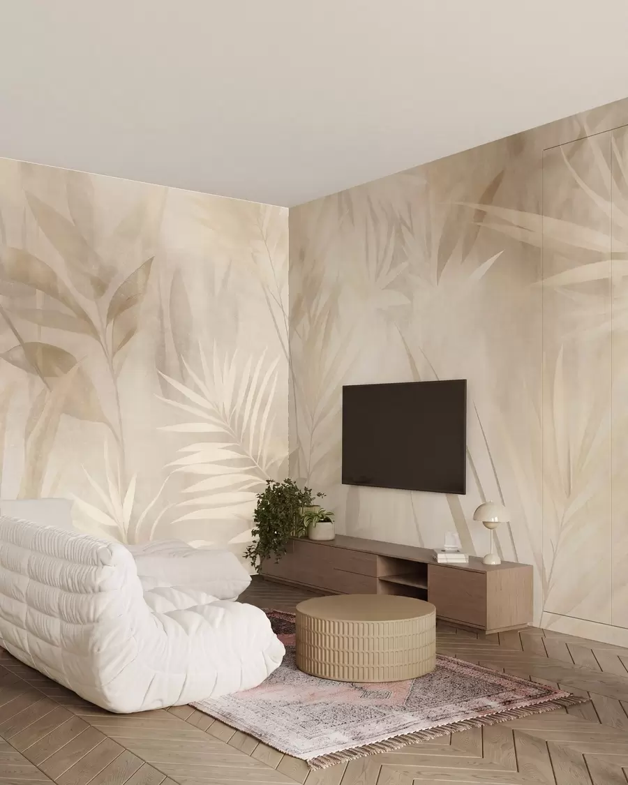 murales de pared Hojas de palmera en tonos beige y crema apagados, con un fondo suave, selva tropical w10023