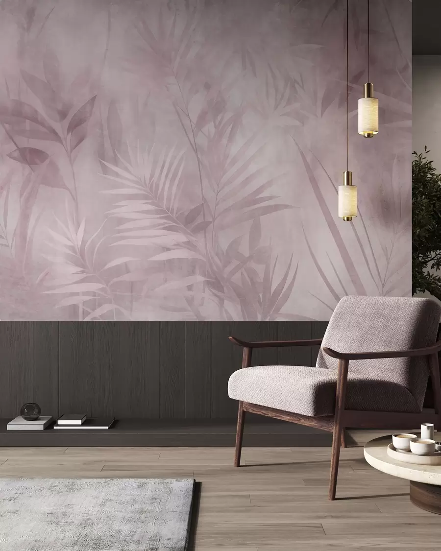 murales de pared Hojas de palmera en tonos rosados apagados, con un fondo suave, selva tropical w10023v3