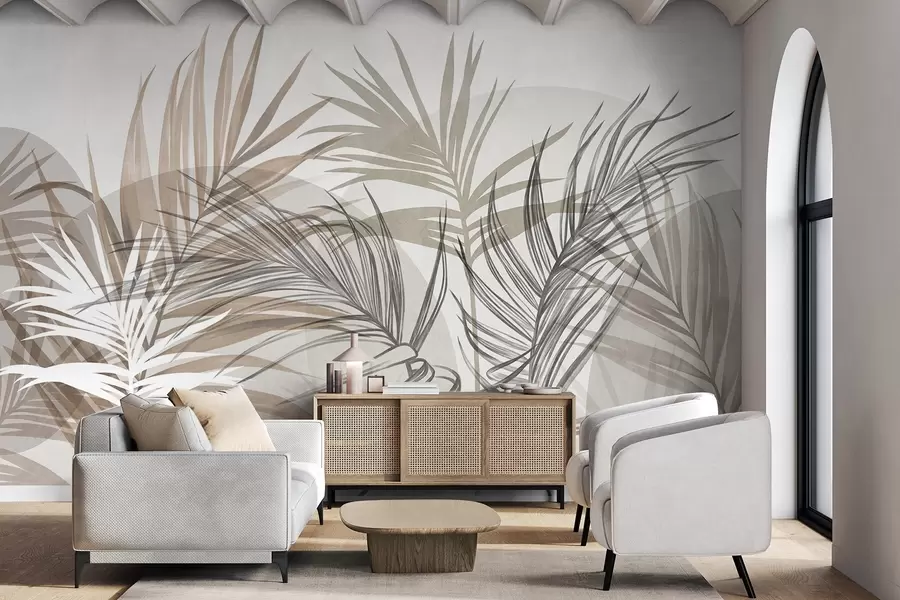 murales de pared Hojas de palmera en tonos neutros de beige, marrón y gris, con formas abstractas w10025