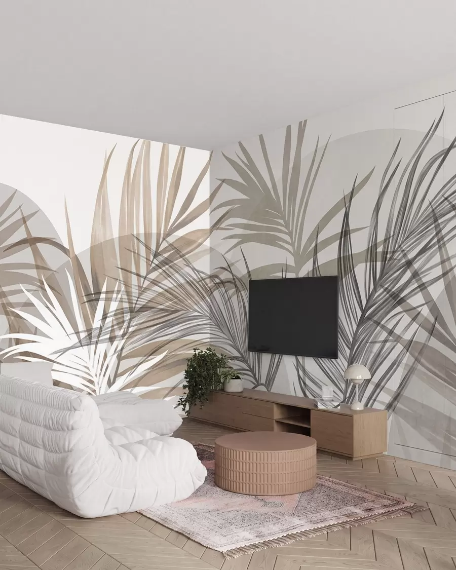 murales de pared Hojas de palmera en tonos neutros de beige, marrón y gris, con formas abstractas w10025