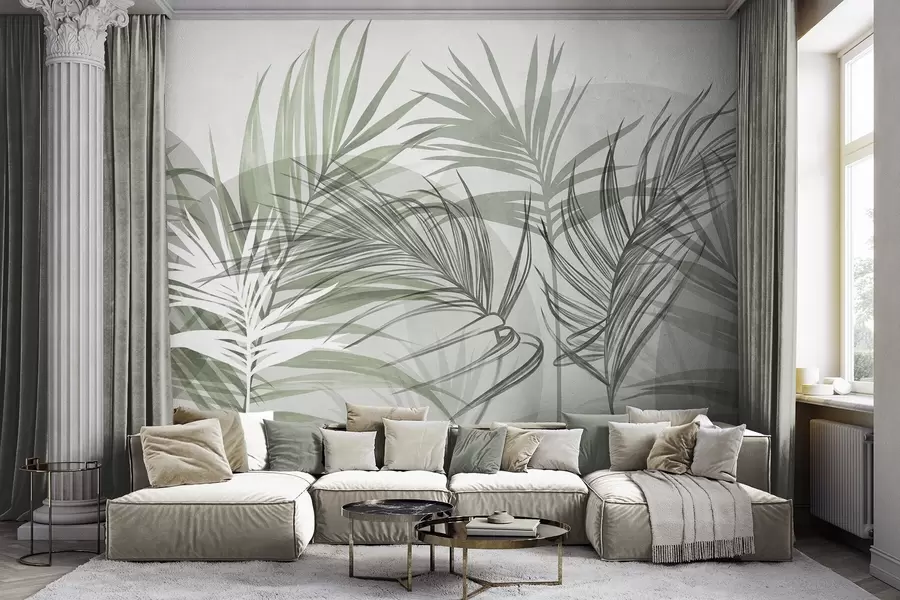 murales de pared Hojas de palmera en tonos neutros de verde y gris, con formas abstractas w10025v2