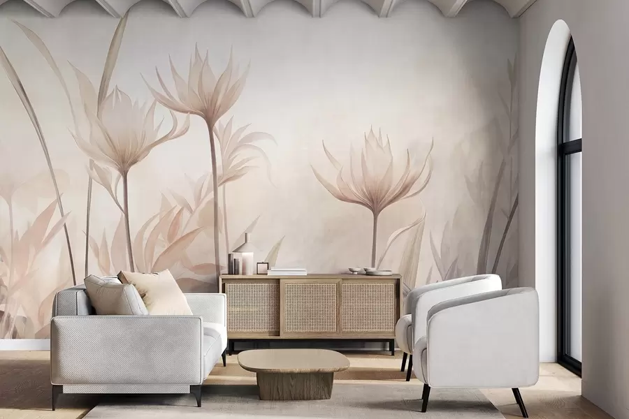 murales de pared Flores translúcidas con textura, en suaves tonos melocotón y beige, con tallos largos y follaje w10028