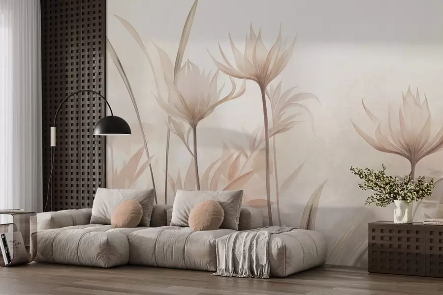 murales de pared Flores translúcidas con textura, en suaves tonos melocotón y beige, con tallos largos y follaje w10028