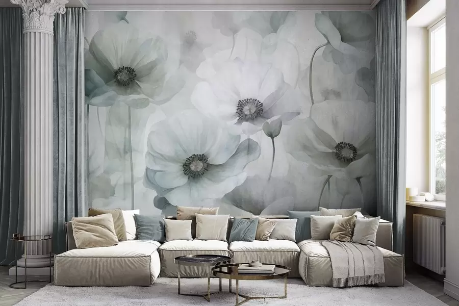 murales de pared Amapolas de colores apagados y textura marcada, con centros oscuros, delicados pétalos translúcidos y un fondo suave w10029v2