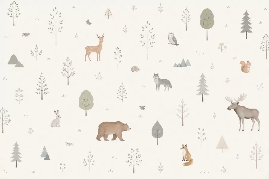 murales de pared Animales del bosque y árboles sobre un fondo claro w05864