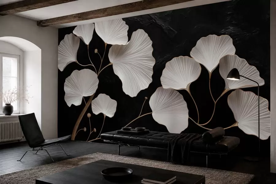 murales de pared Hojas blancas en forma de abanico sobre un fondo negro w05860
