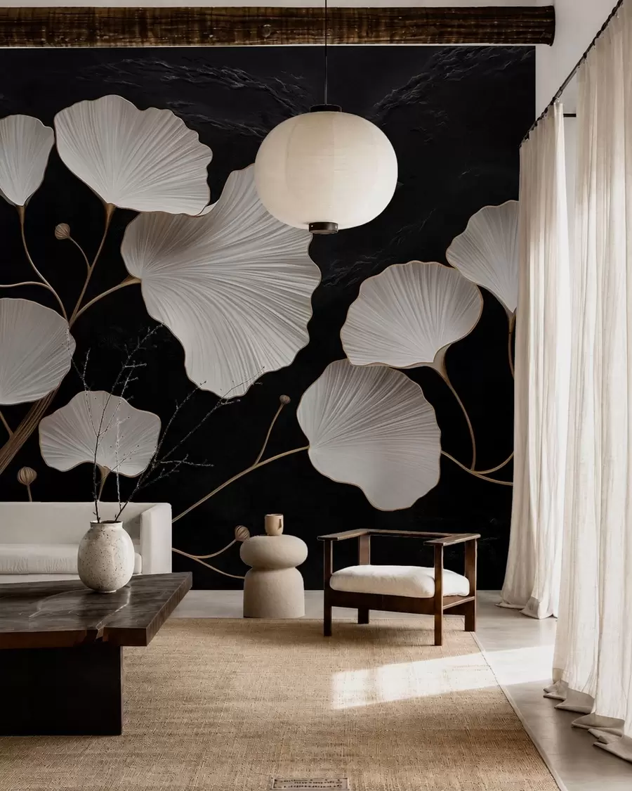 murales de pared Hojas blancas en forma de abanico sobre un fondo negro w05860