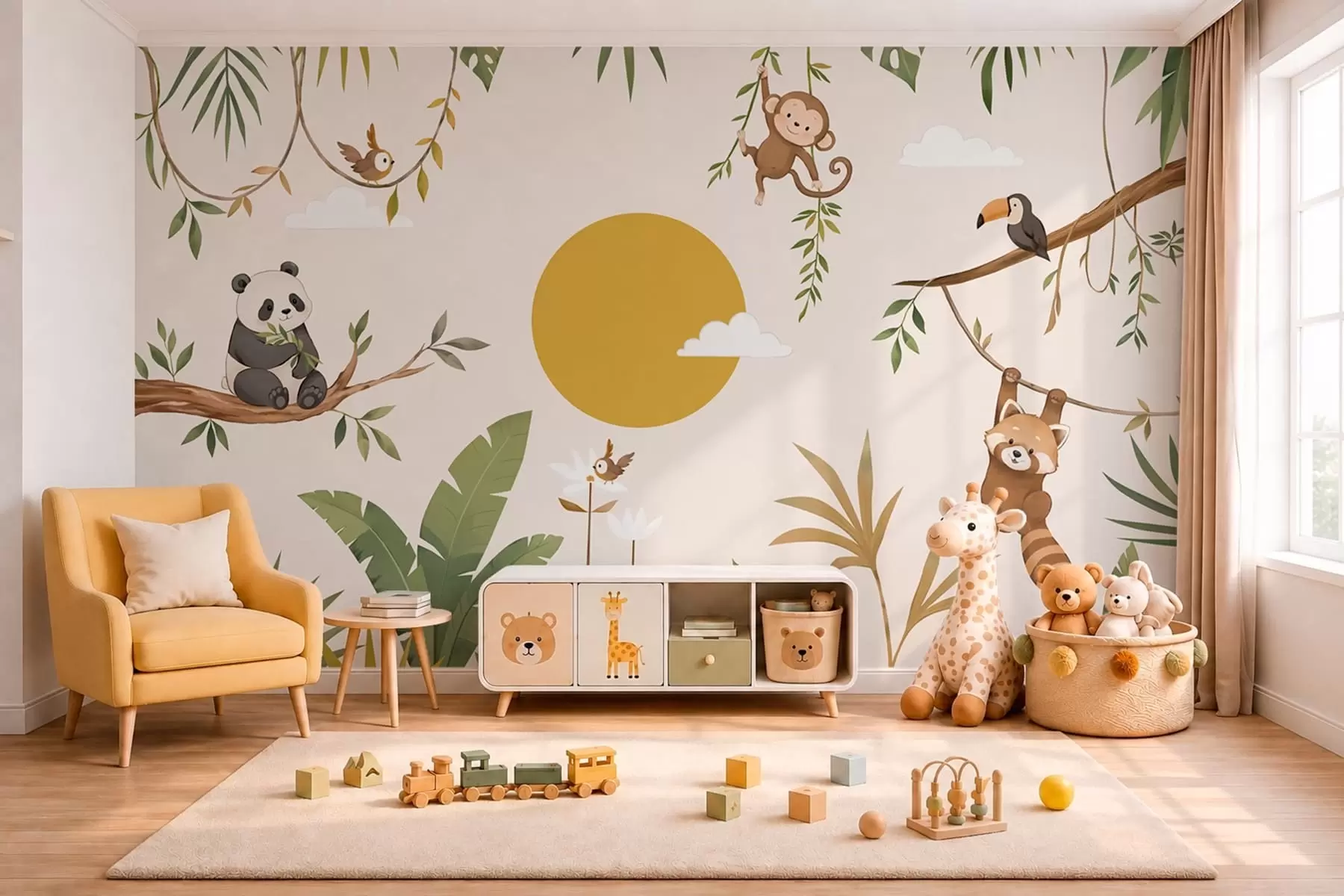 murales de pared Animales tropicales entre el follaje, con un sol enorme w05865v2