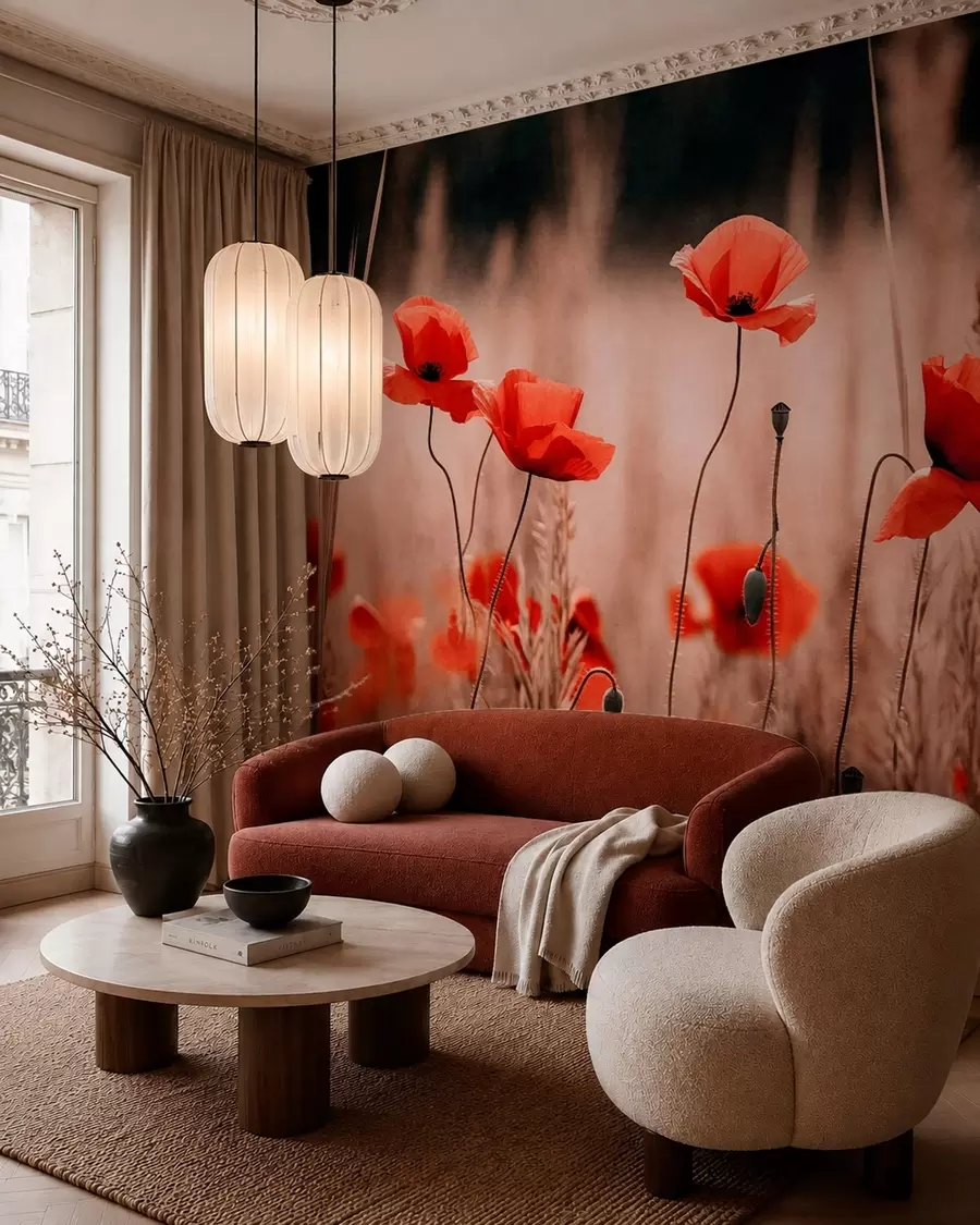 murales de pared Amapolas de un rojo intenso entre la hierba seca w05866