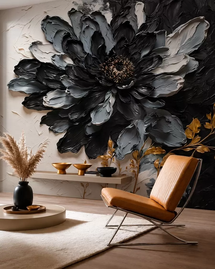 murales de pared Flor con textura en negro y gris con ramas decorativas w05883