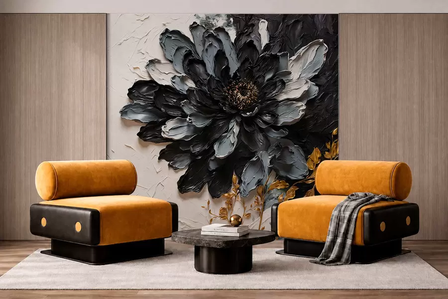 murales de pared Flor con textura en negro y gris con ramas decorativas w05883