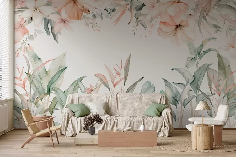murales de pared Una composición tropical de flores y plantas en estilo acuarela, en tonos delicados w05870