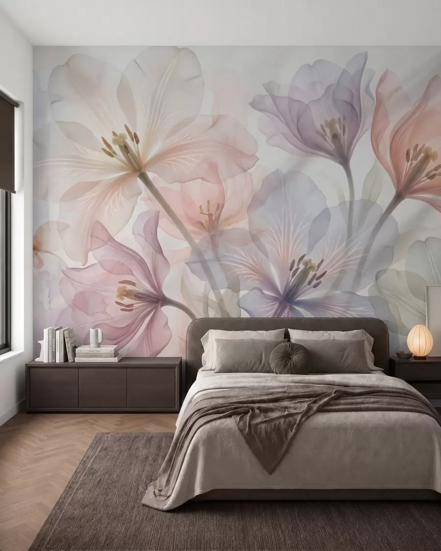 murales de pared Delicadas flores transparentes en tonos pastel, al estilo de la acuarela w09999