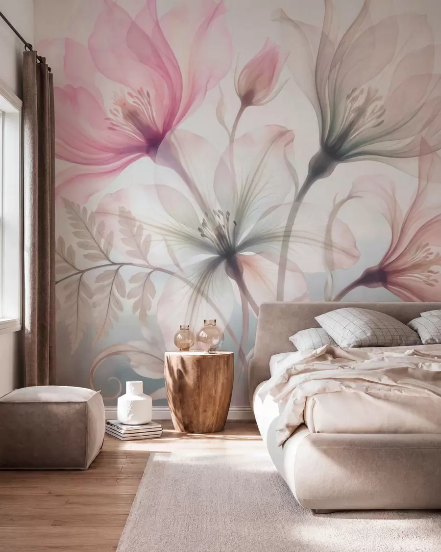 murales de pared Delicadas flores en tonos rosa y azul pastel, con estilo de acuarela w10009